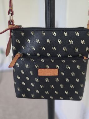Dooney & Bourke Black & Cream DB Monogram Crossbody with Tan Trim